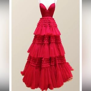 Red Tiered Ruffle Long Ball Gown with Straps